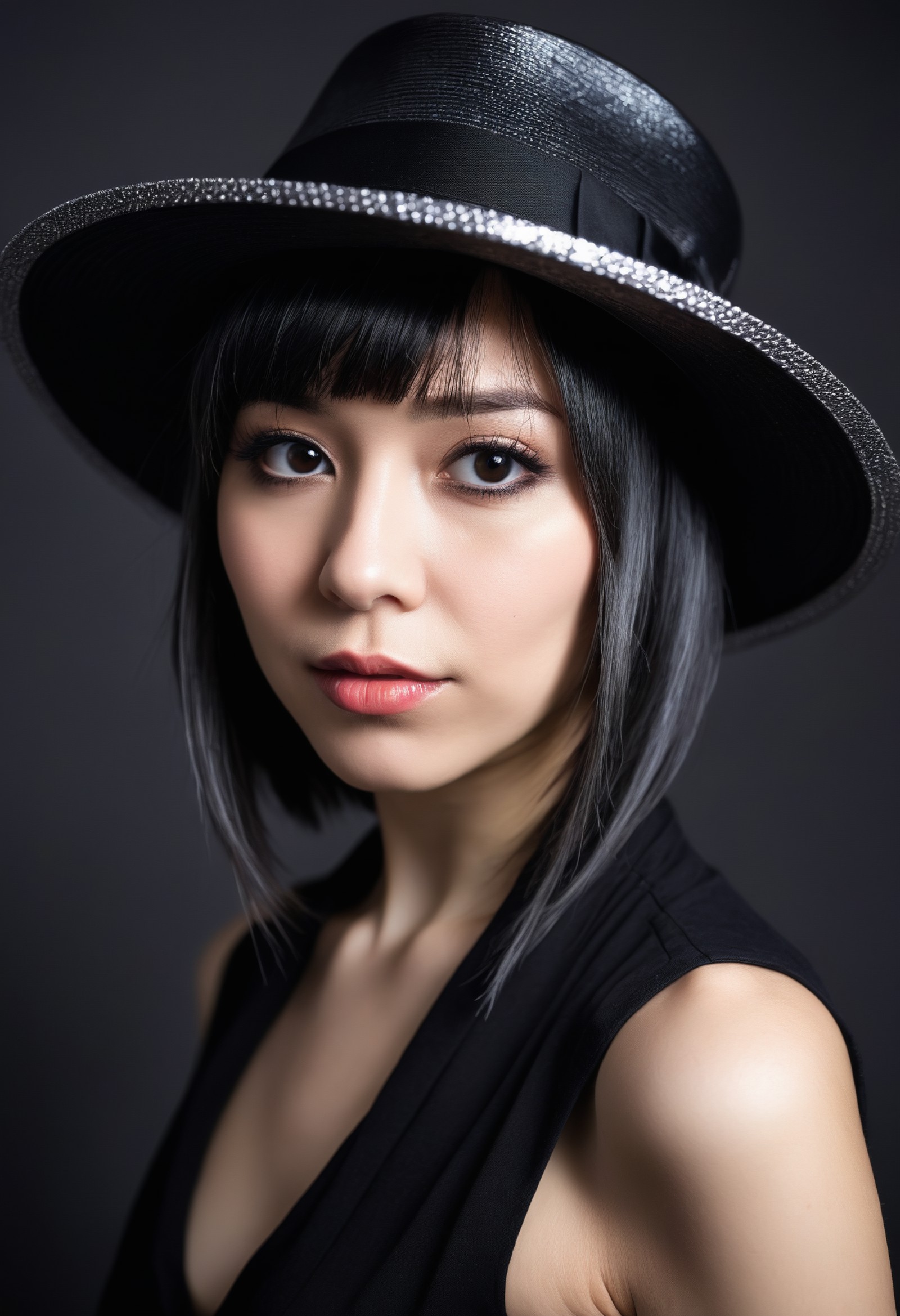 00105-A woman wearing a hat poses for a picture, in the style of oshare kei, black, wide lens, shiny_ glossy, solapunk, dark silver, r.png